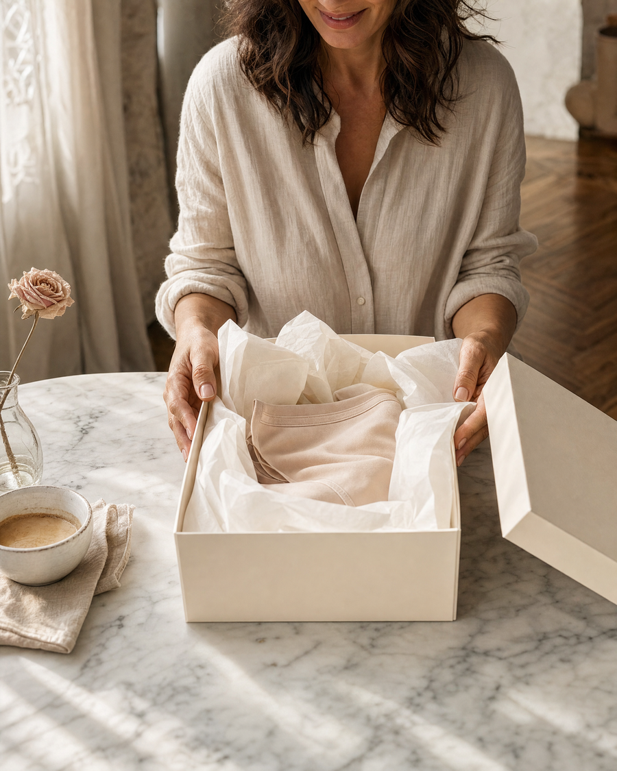 Femme ouvrant un coffret Celisande à la table de la cuisine