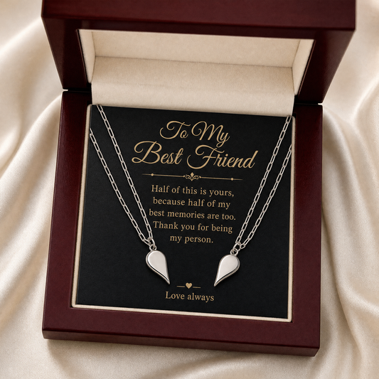 Best friend necklaces in gift box with message card