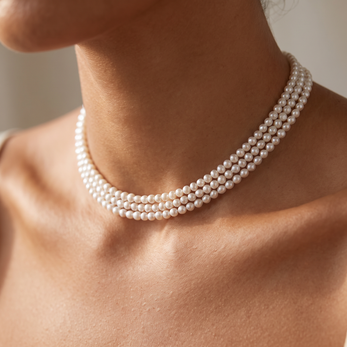 Layered pearl necklace worn