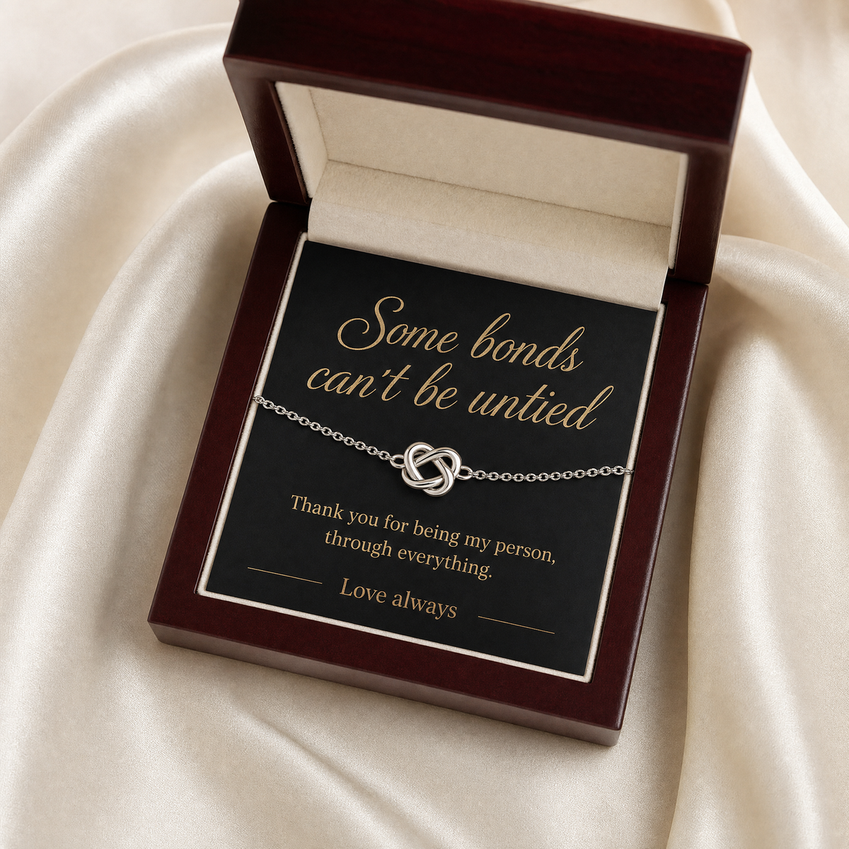 Forever Knot Bracelet in its gift box with message card