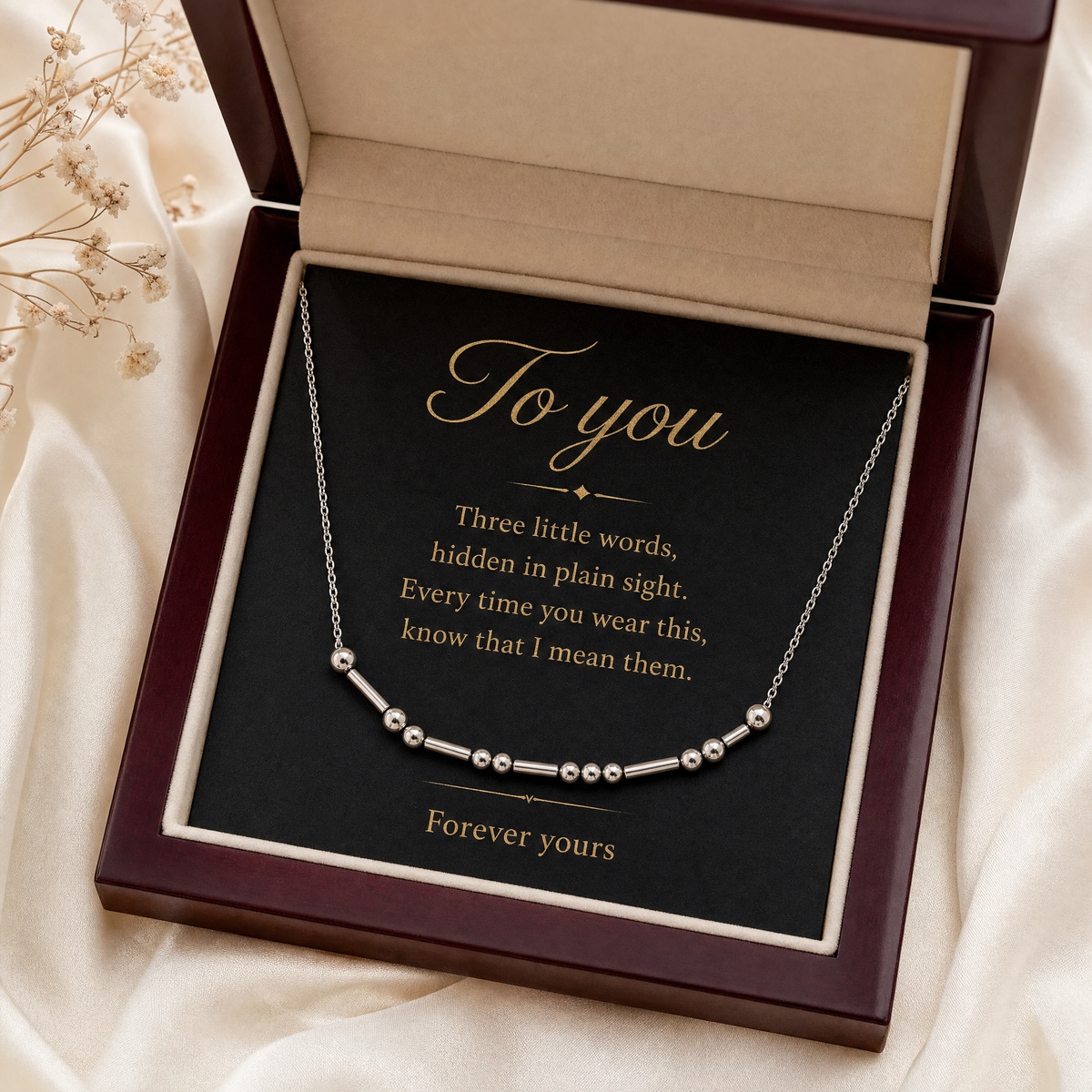 I Love You Morse Code Necklace in its gift box with message card