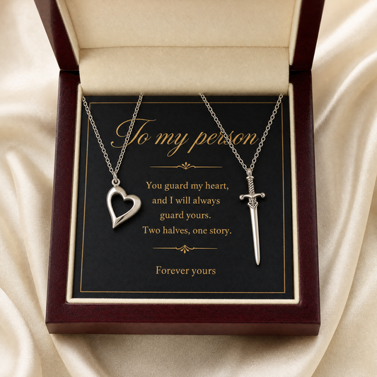 Heart and Sword Necklace Set in its gift box with message card