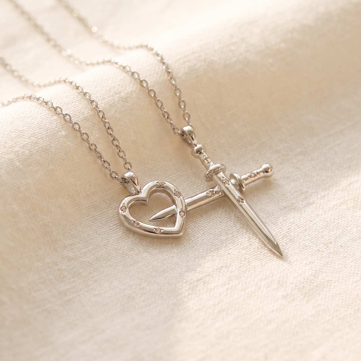 Heart and Sword Necklace Set in silver
