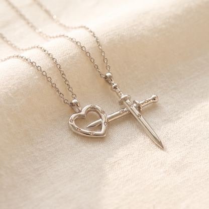Heart and Sword Necklace Set in silver
