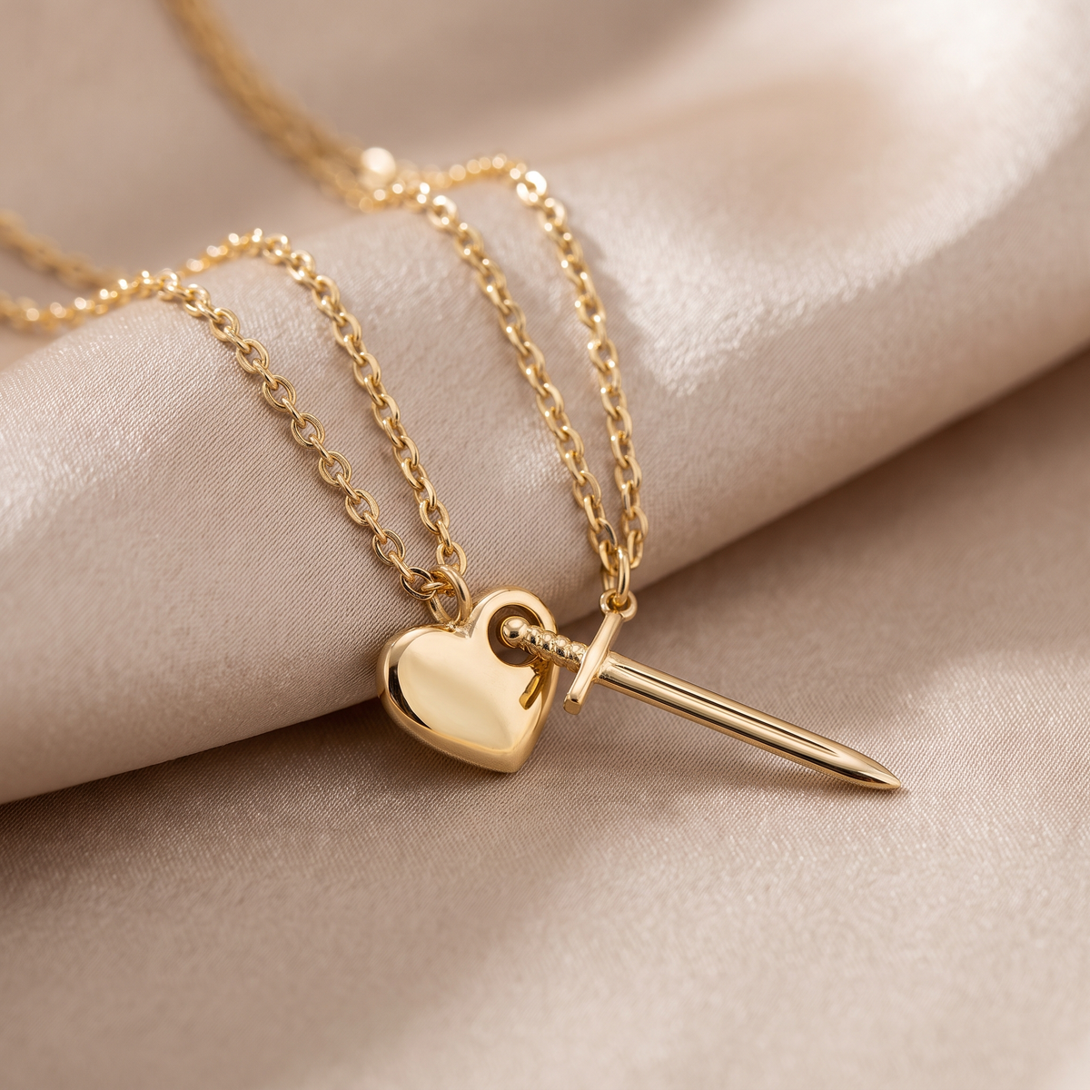 Heart and Sword Necklace Set in gold