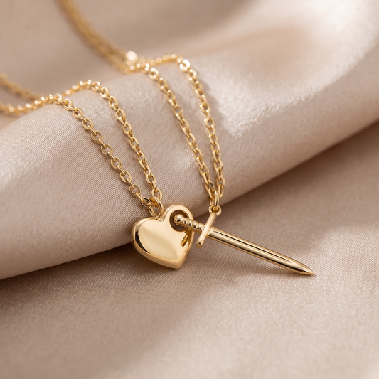 Heart and Sword Necklace Set in gold