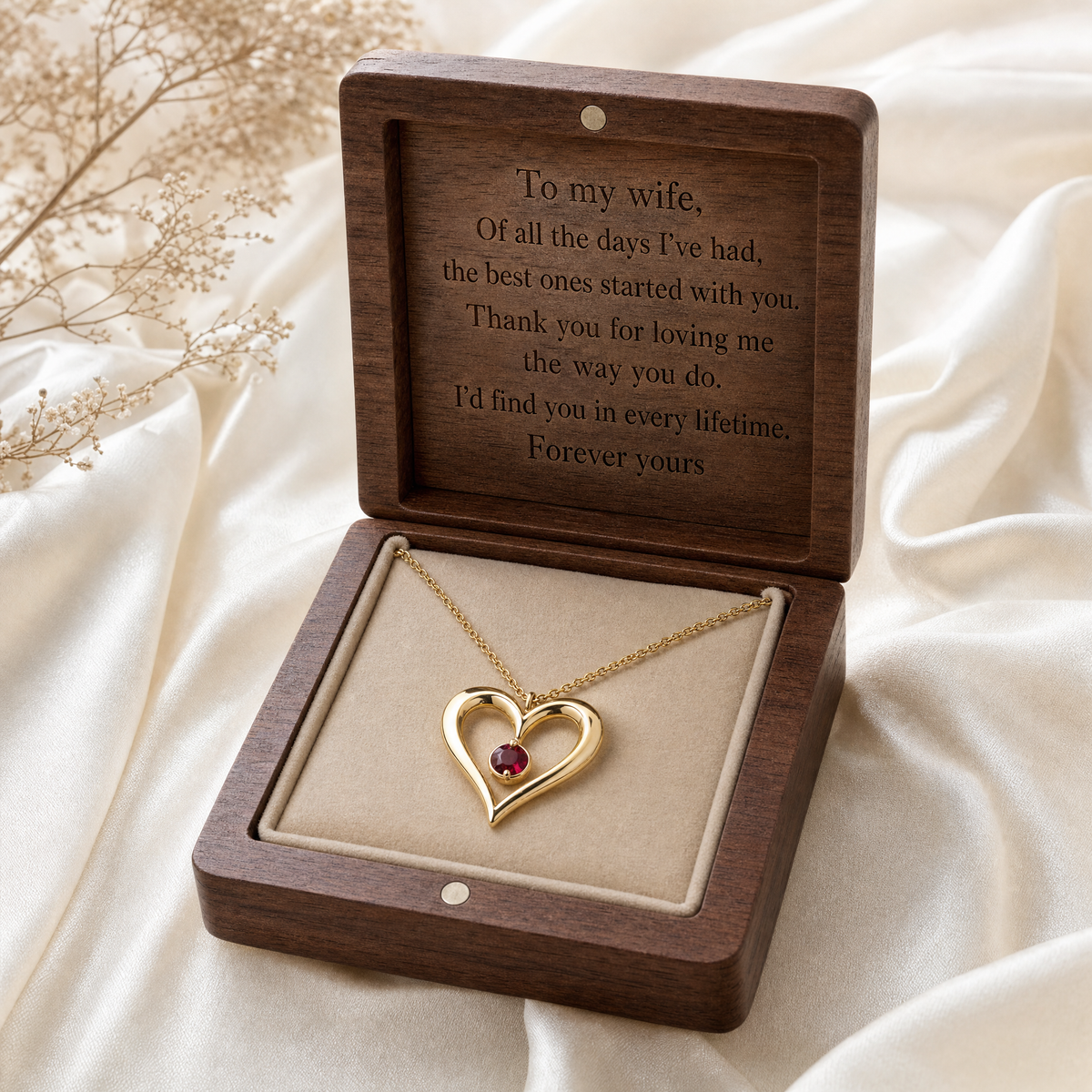 Birthstone Heart Necklace in its engraved walnut gift box