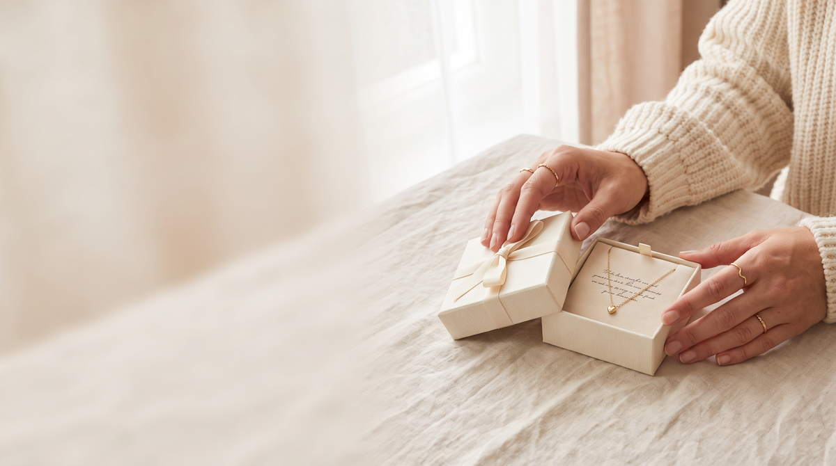 Woman opening a gift box with a gold heart necklace and message card