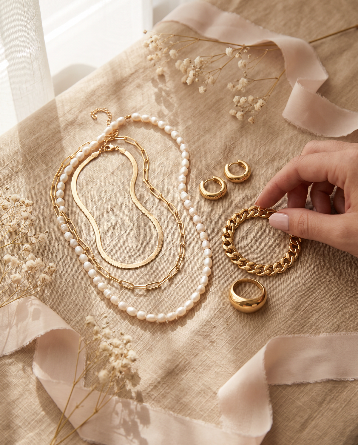 Everyday gold jewelry set: herringbone, paperclip and pearl necklaces, huggies, bracelet and ring